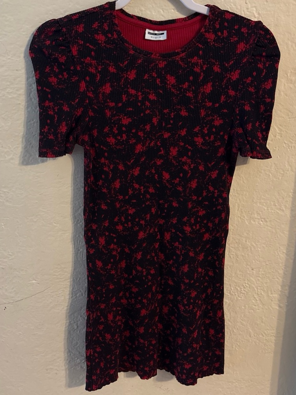 Black Dress with Red Floral Print Puff Sleeve Knit Dress